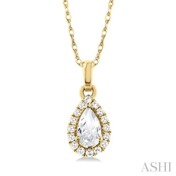 5x3 MM Pear Shape White Topaz and 1/20 Ctw Single Cut Diamond Halo Semi-Precious Pendant with Chain in 14K Yellow Gold
